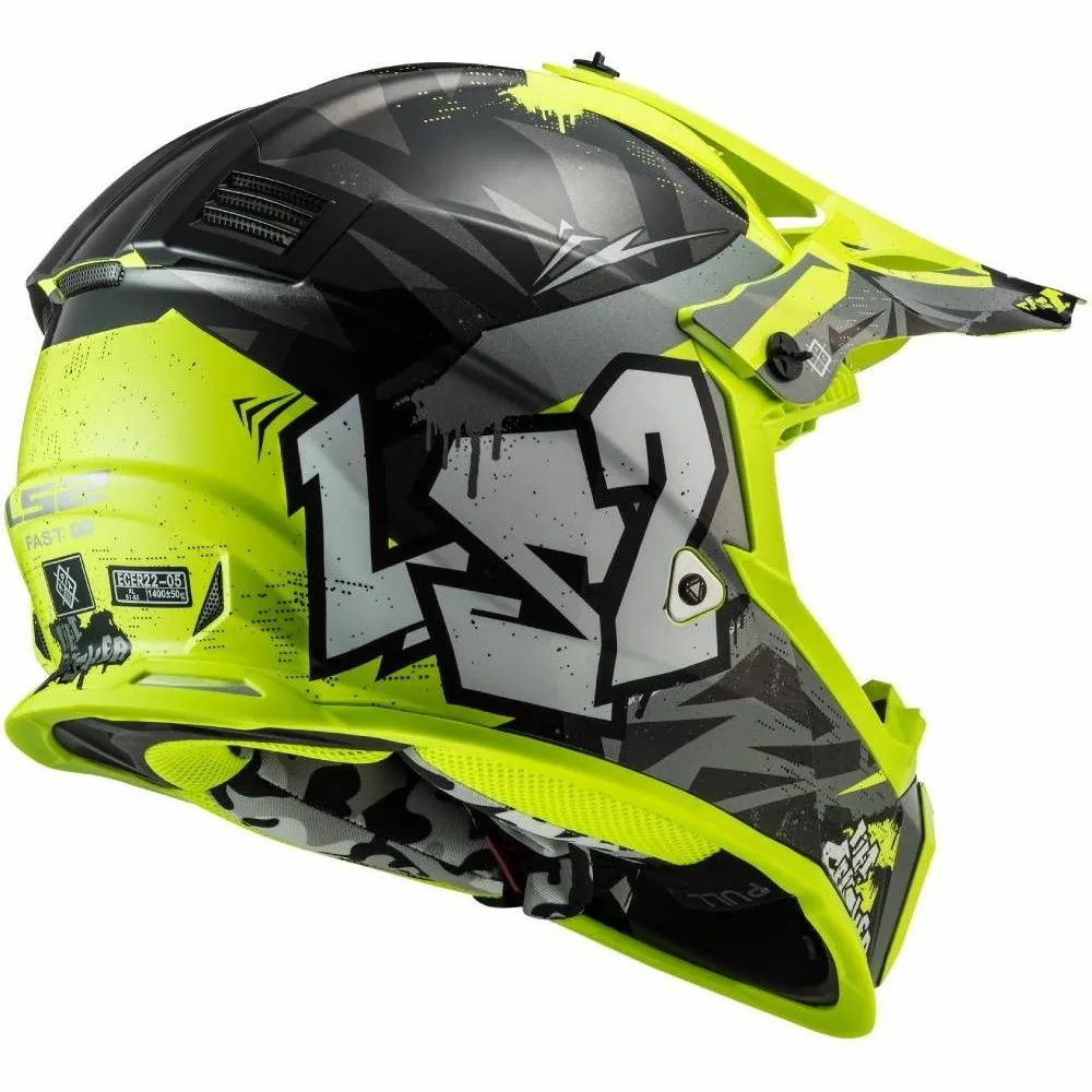 LS2 MX437 FAST EVO CRUSHER cross enduro quad trail helmet gloss black fluo