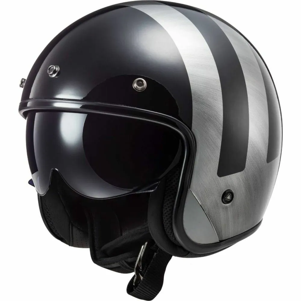 LS2 casque jet moto scooter vintage FIBRE OF601 BOB LINES JEANS noir gris brillant