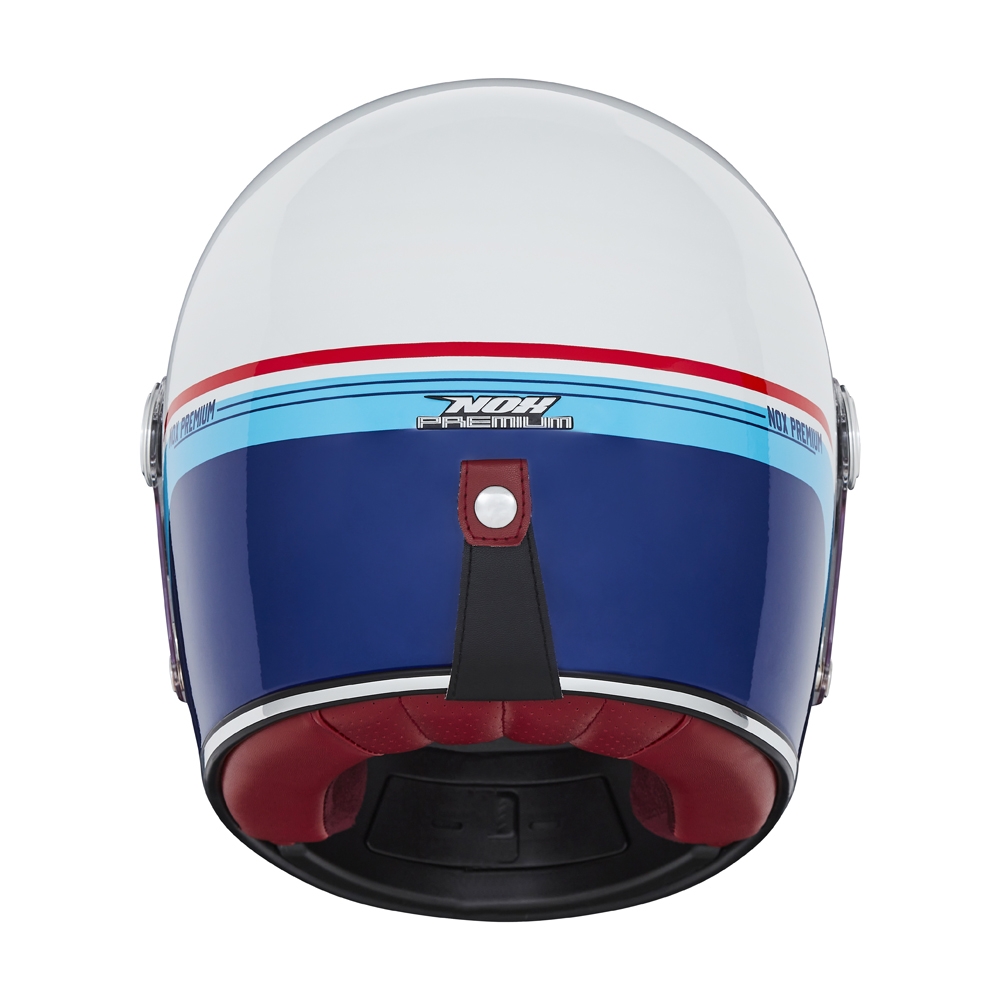 NOX casque intégral vintage moto scooter REVENGE STROBE blanc perle / bleu / rouge