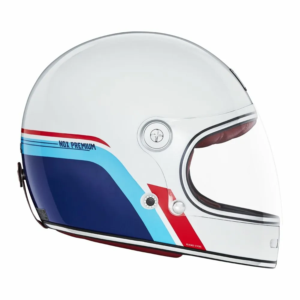 NOX casque intégral vintage moto scooter REVENGE STROBE blanc perle / bleu / rouge